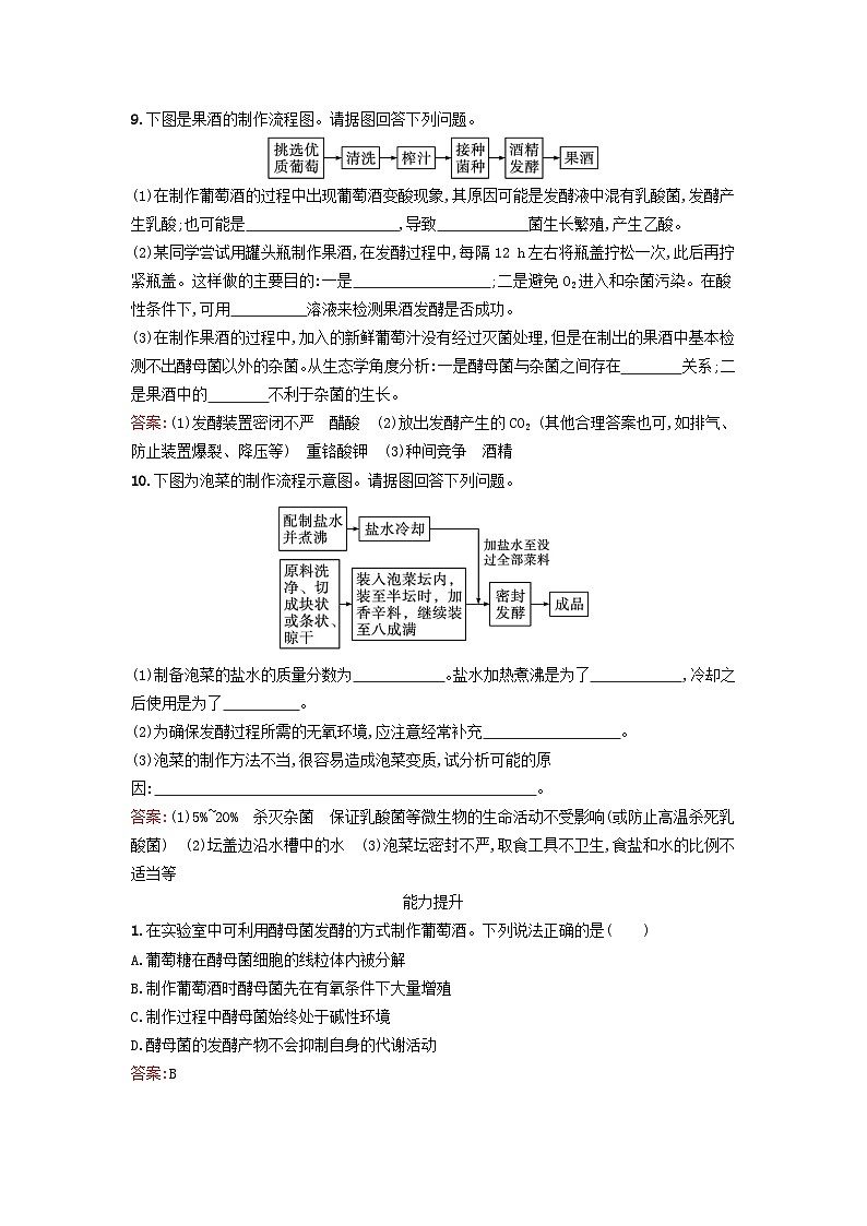 新教材2023年高中生物第1章发酵工程第1节传统发酵技术的应用课后训练新人教版选择性必修303