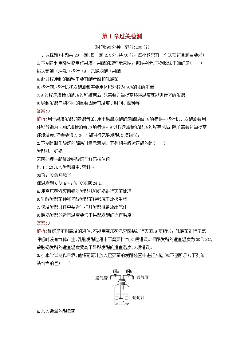 新教材2023年高中生物第1章发酵工程过关检测新人教版选择性必修3第1页