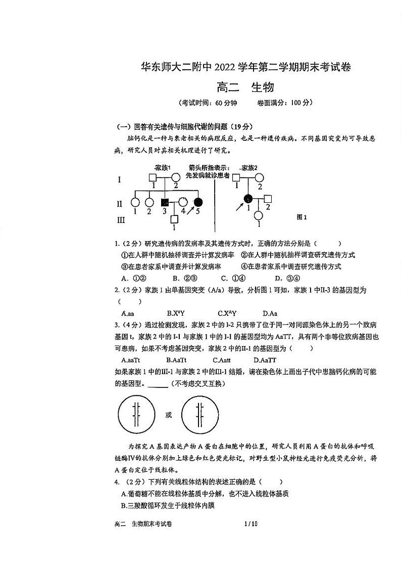 2022-2023学年上海市华东师范大学第二附属中学高二下学期期末等级考试生物试卷01