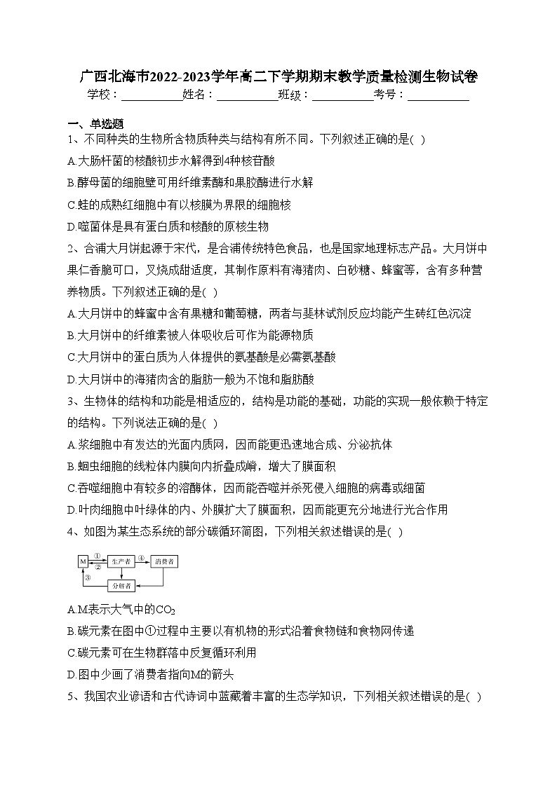 广西北海市2022-2023学年高二下学期期末教学质量检测生物试卷（含答案）01