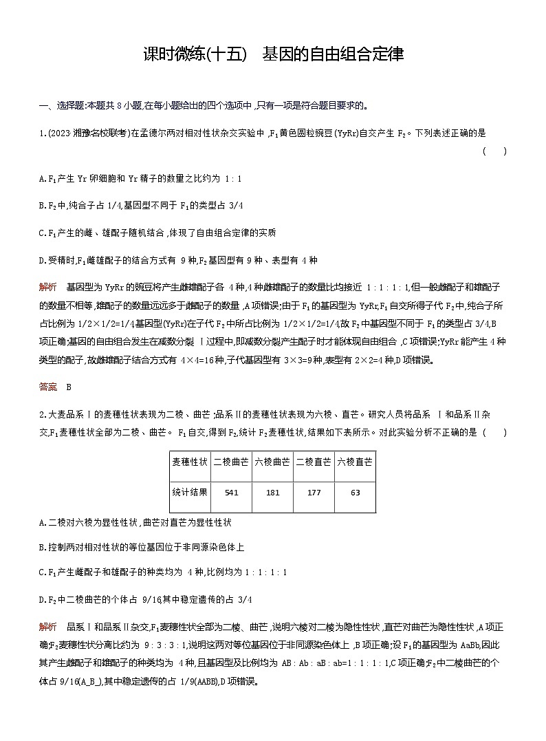 2024届人教版高考生物一轮复习基因的自由组合定律作业（不定项）含答案第1页
