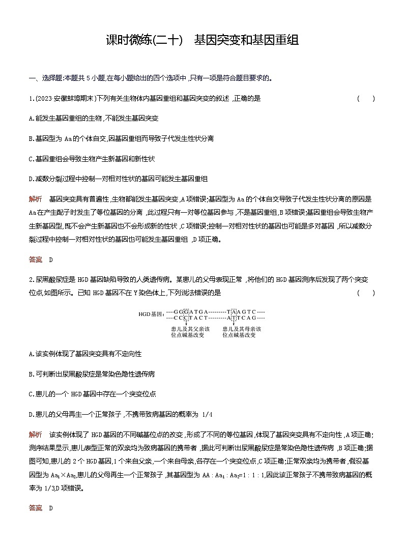 2024届人教版高考生物一轮复习基因突变和基因重组作业（不定项）含答案第1页