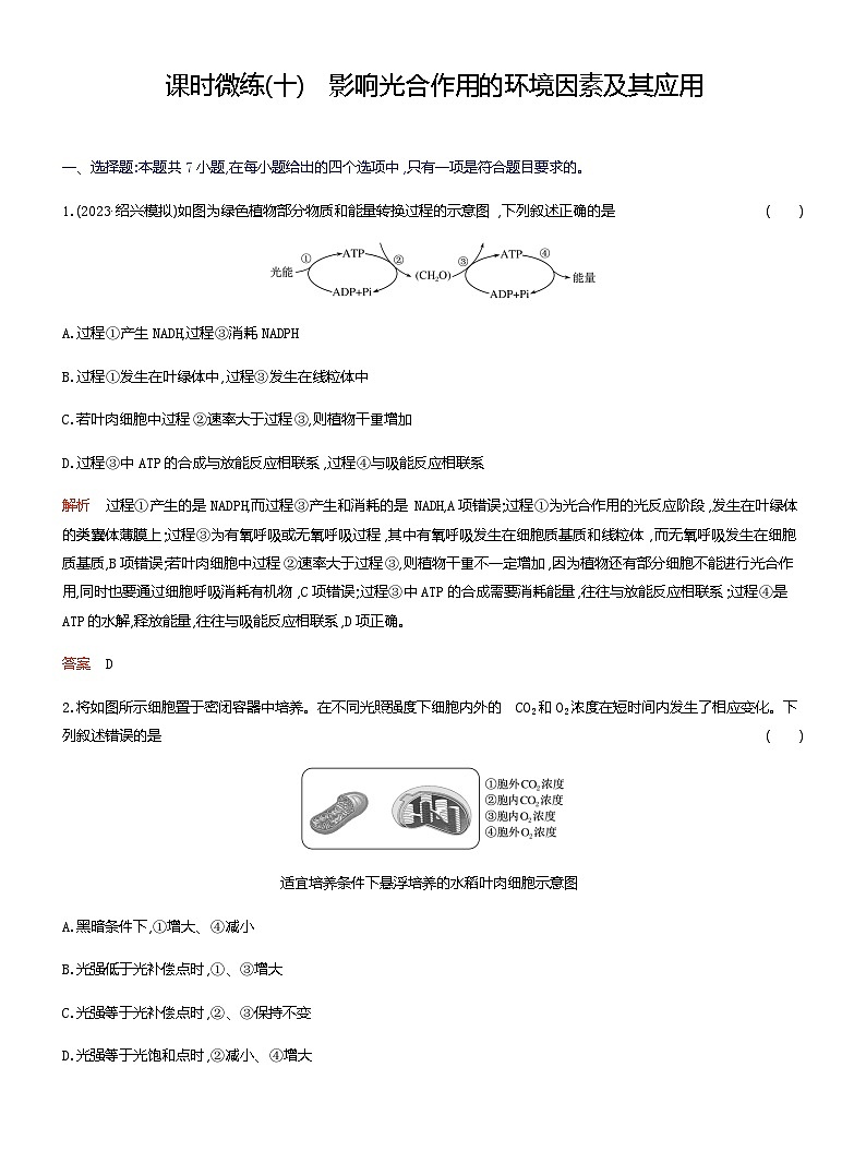 2024届人教版高考生物一轮复习影响光合作用的环境因素及其应用作业（不定项）含答案第1页