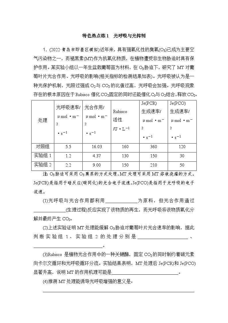 2024届人教版高考生物一轮复习特色热点练1光呼吸与光抑制作业（多项版）含答案第1页