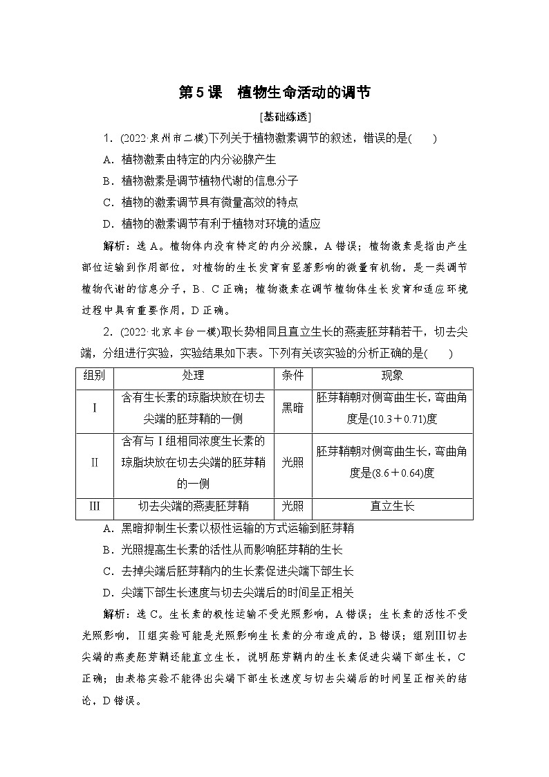2024届人教版高考生物一轮复习植物生命活动的调节作业（多项版）含答案01