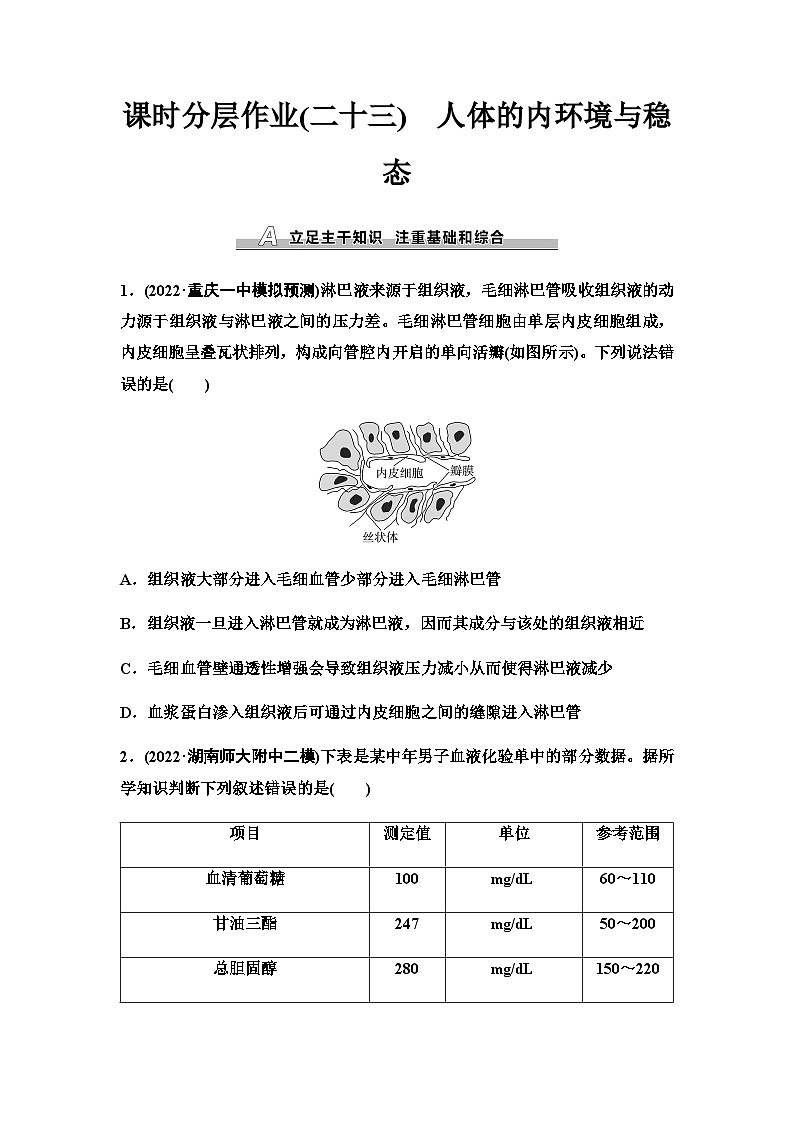 2024届人教版高考生物一轮复习人体的内环境与稳态作业含答案第1页