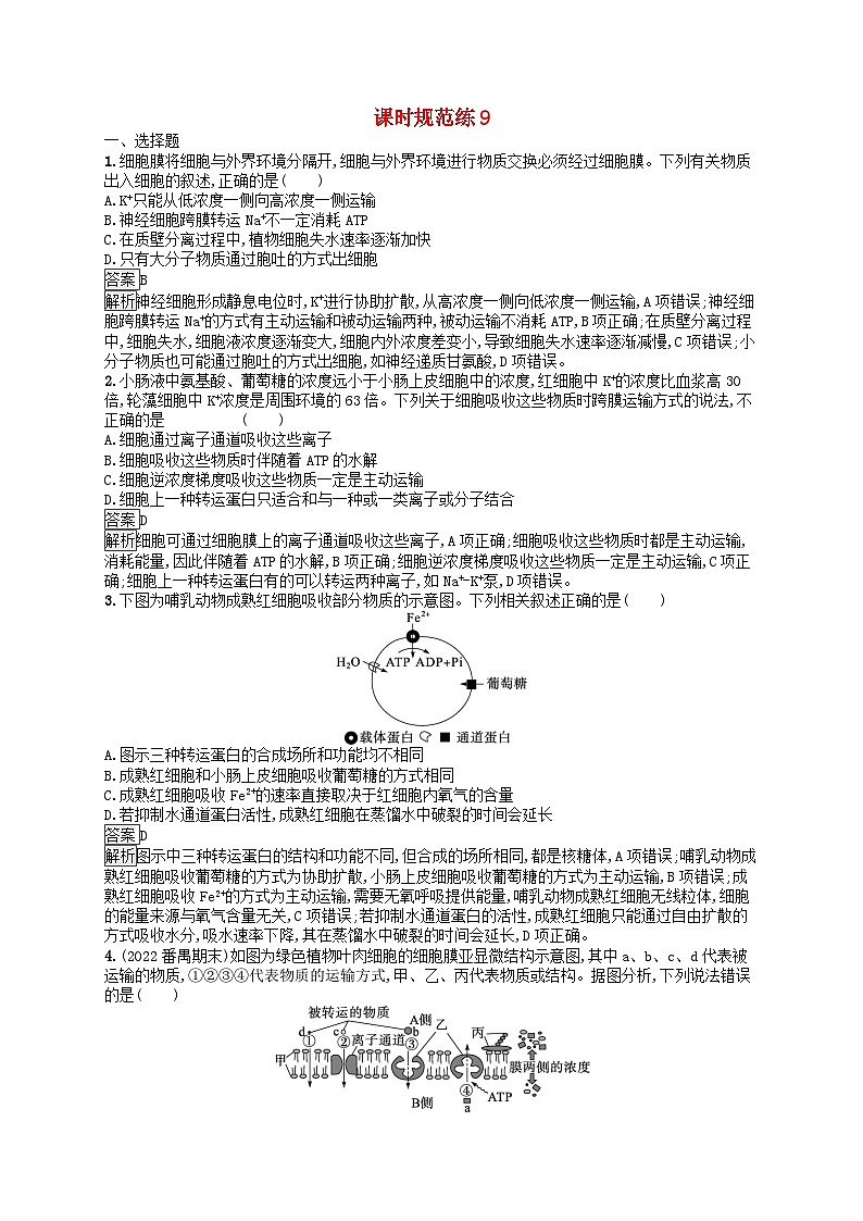 适用于新教材2024版高考生物一轮总复习课时规范练9物质出入细胞的方式及影响因素新人教版第1页