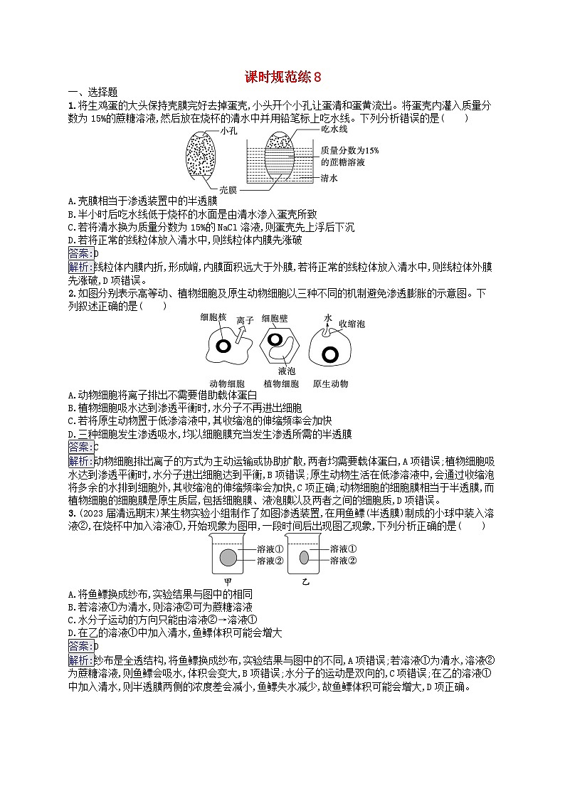 适用于新教材2024版高考生物一轮总复习课时规范练8水进出细胞的原理新人教版第1页