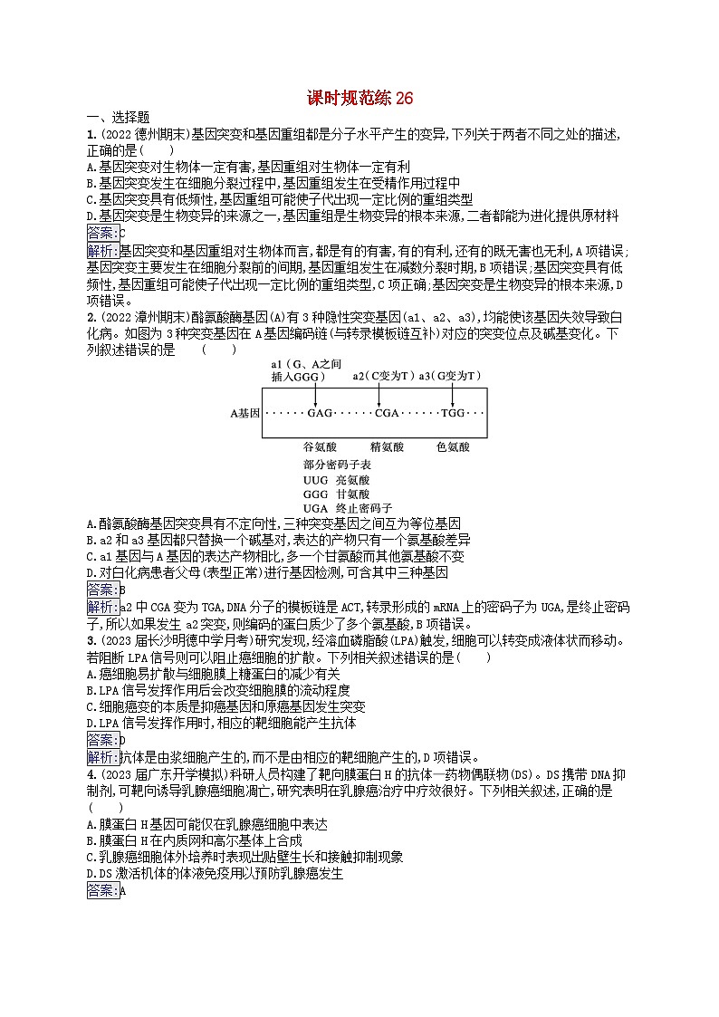 适用于新教材2024版高考生物一轮总复习课时规范练26基因突变基因重组新人教版第1页