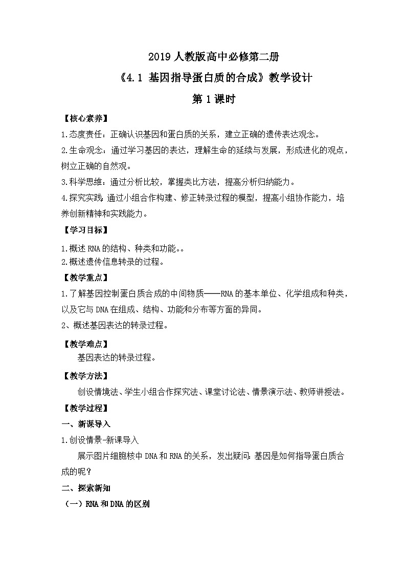 高中生物 （人教版2019）必修2 4.1《基因指导蛋白质的合成（2课时》教案（表格式）01