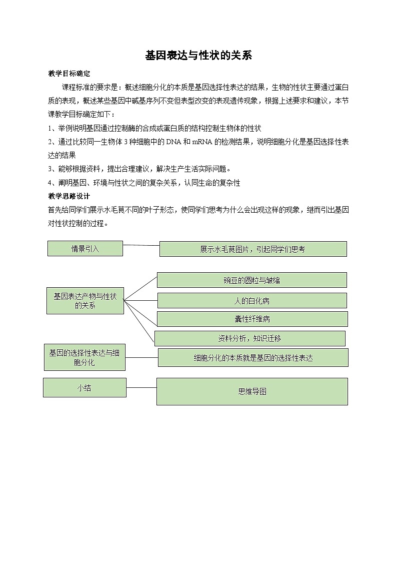 高中生物 （人教版2019）必修2 4.2 基因表达与性状的关系 教案（表格式）第1页