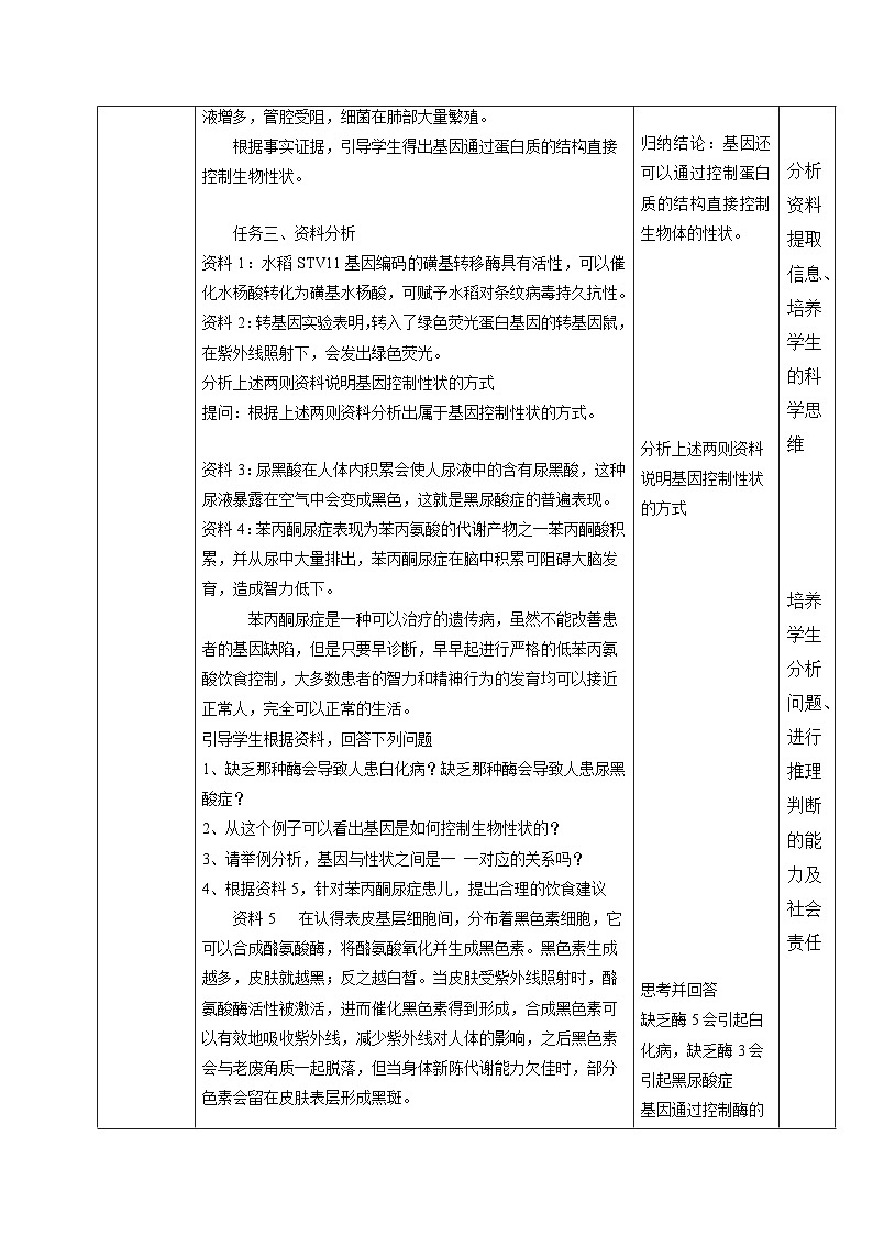 高中生物 （人教版2019）必修2 4.2 基因表达与性状的关系 教案（表格式）第3页