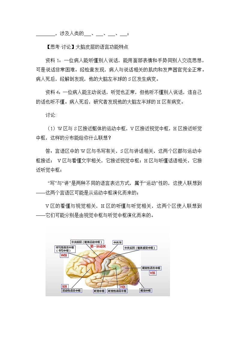 高中生物 （人教版2019）选择性必修一  2.5 人脑的高级功能 教案第3页