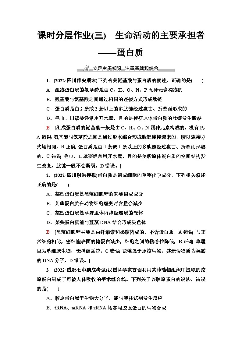 2024届人教版高考生物一轮复习生命活动的主要承担者——蛋白质作业（单项版）含答案01