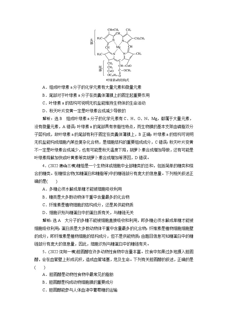 2024届人教版高考生物一轮复习细胞中的无机物、糖类和脂质作业（单项版）含答案第2页