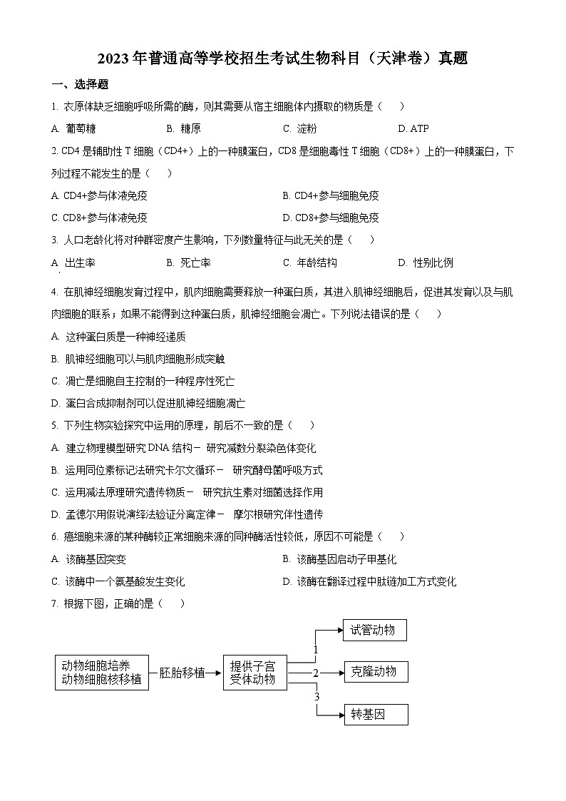 2023年高考真题——生物（天津卷）（Word版附答案）第1页