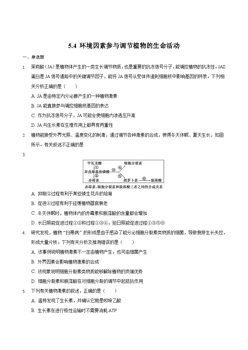 5.4 环境因素参与调节植物的生命活动（备作业）精编高二生物同步备课系列（人教版2019选择性必修1）（原卷版）第1页