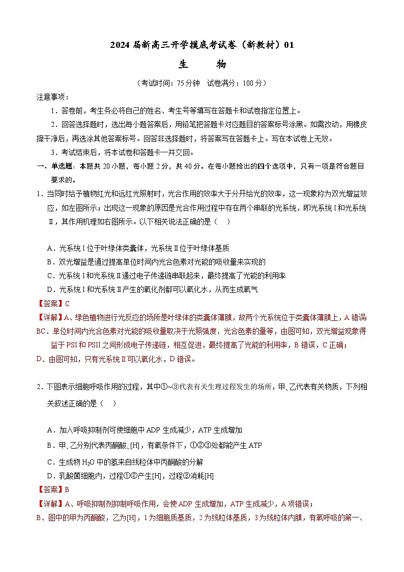 【新高三摸底】2024届新高三-生物开学摸底考试卷（新教材专用）01（解析版）第1页