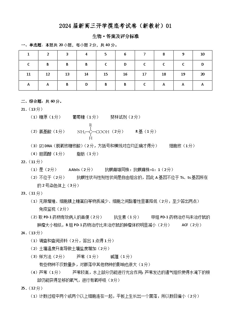 【新高三摸底】2024届新高三-生物开学摸底考试卷（新教材专用）01（答案及评分标准）第1页