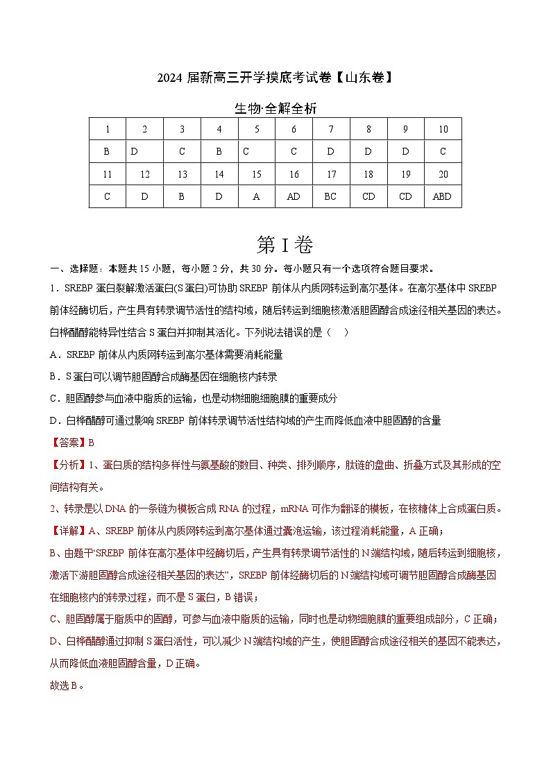 【新高三摸底】2024届新高三-生物开学摸底考试卷（山东卷）01