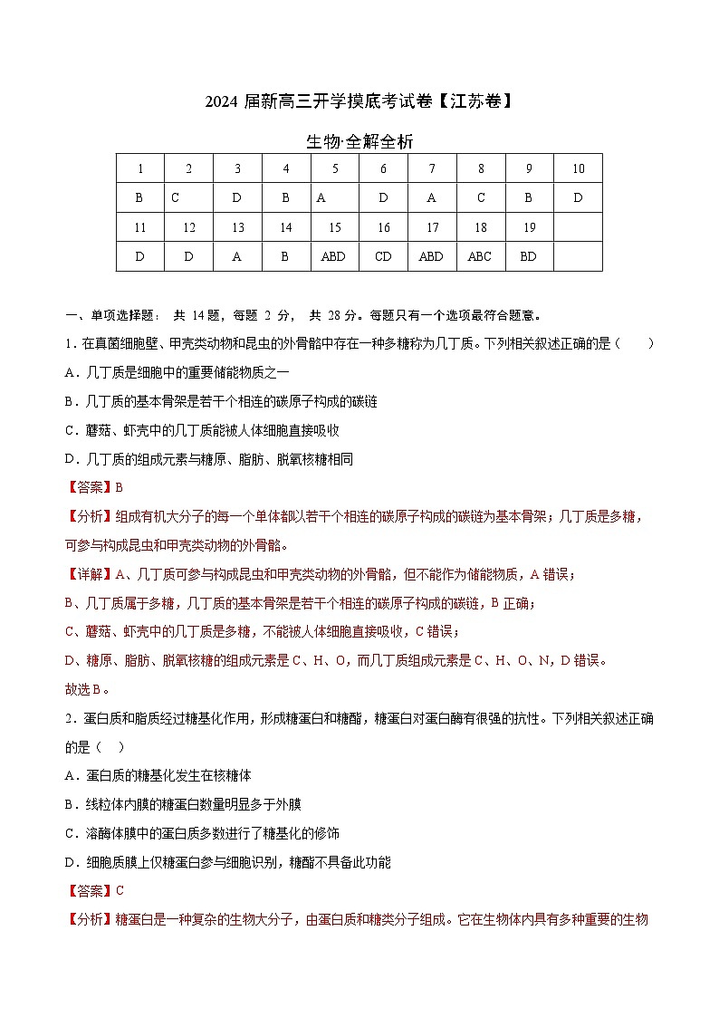 【新高三摸底】2024届新高三-生物开学摸底考试卷（江苏卷）01