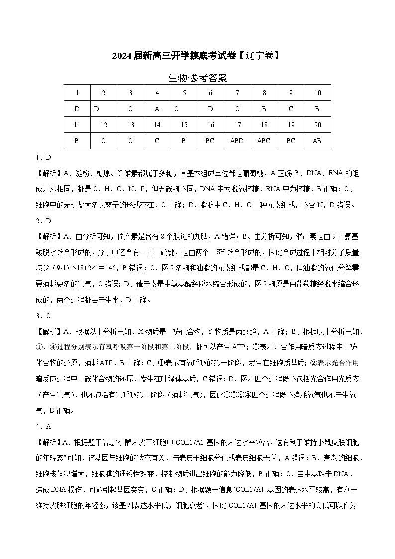【新高三摸底】2024届新高三-生物开学摸底考试卷（辽宁卷）01