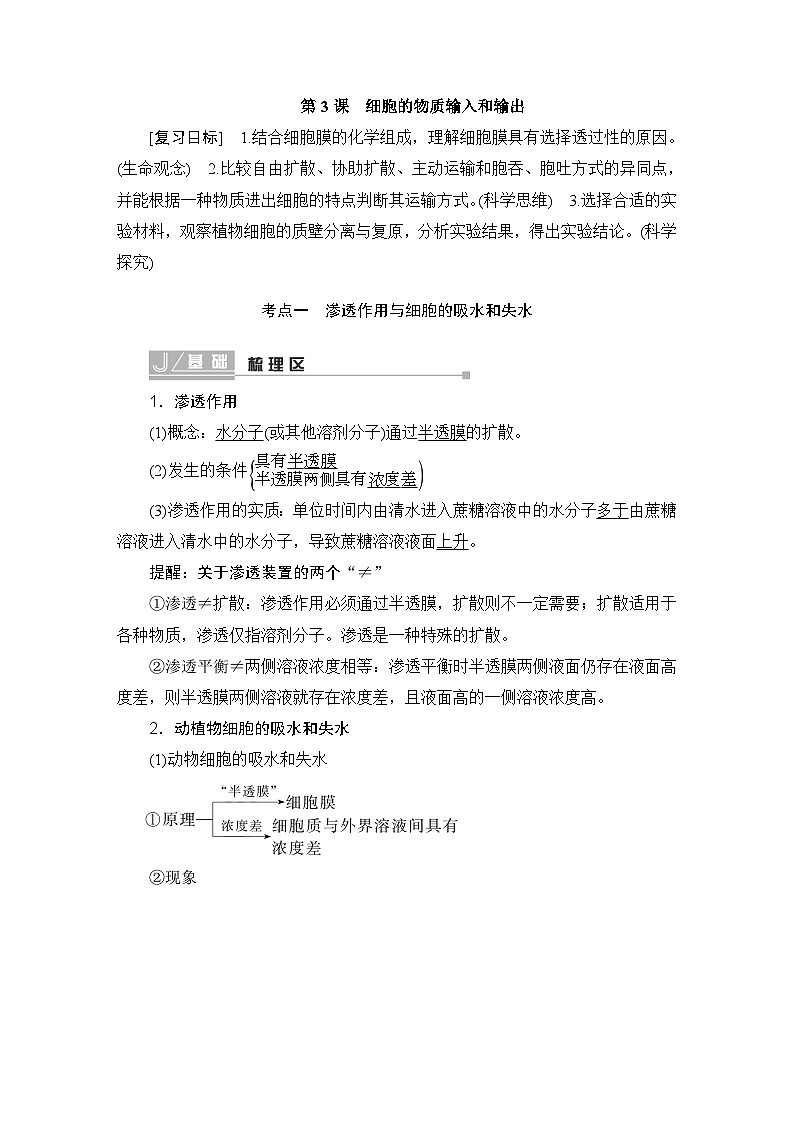 2024届人教版高中生物一轮复习细胞的物质输入和输出学案（多项版）01