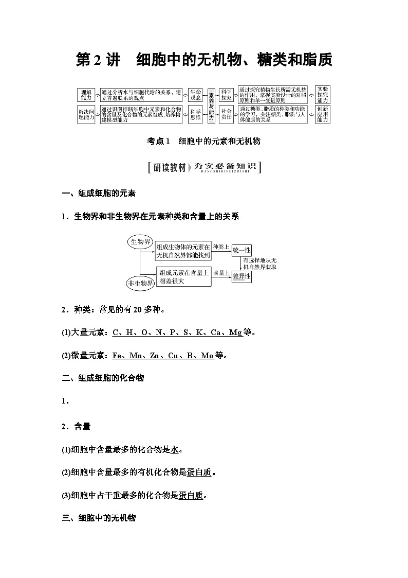 2024届人教版高中生物一轮复习细胞中的无机物、糖类和脂质学案第1页