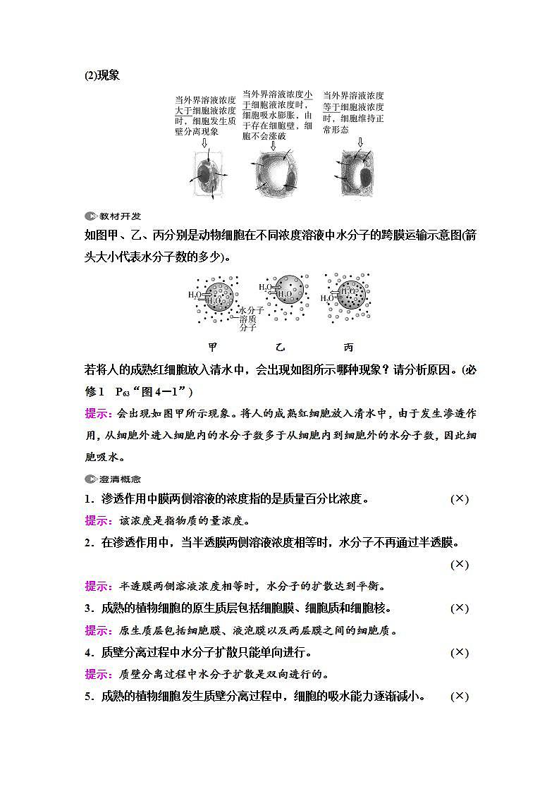 2024届人教版高中生物一轮复习细胞的物质输入和输出学案02