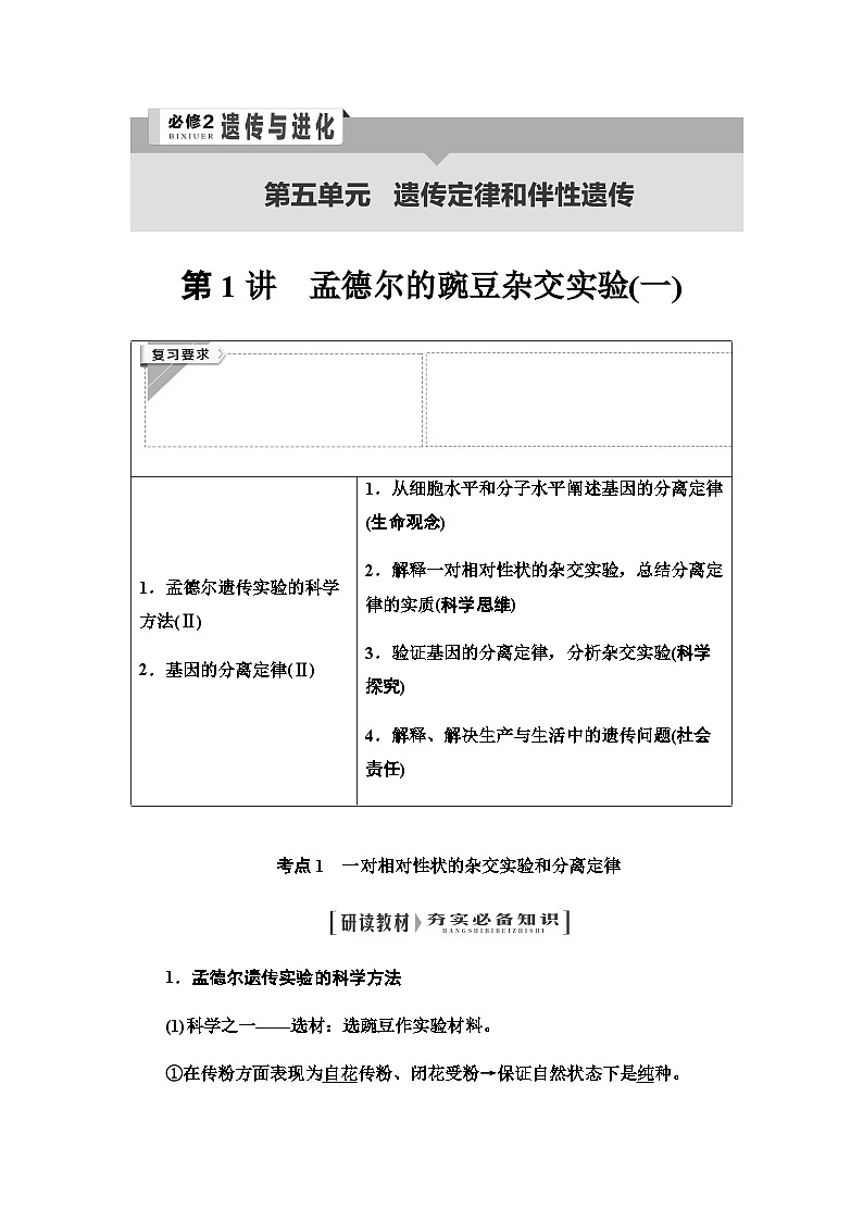 2024届人教版高中生物一轮复习孟德尔的豌豆杂交实验(一)学案 (2)第1页