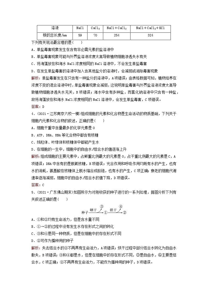 2024届高考生物一轮总复习第一单元细胞及组成细胞的分子课时跟踪练2细胞中的无机物糖类和脂质02