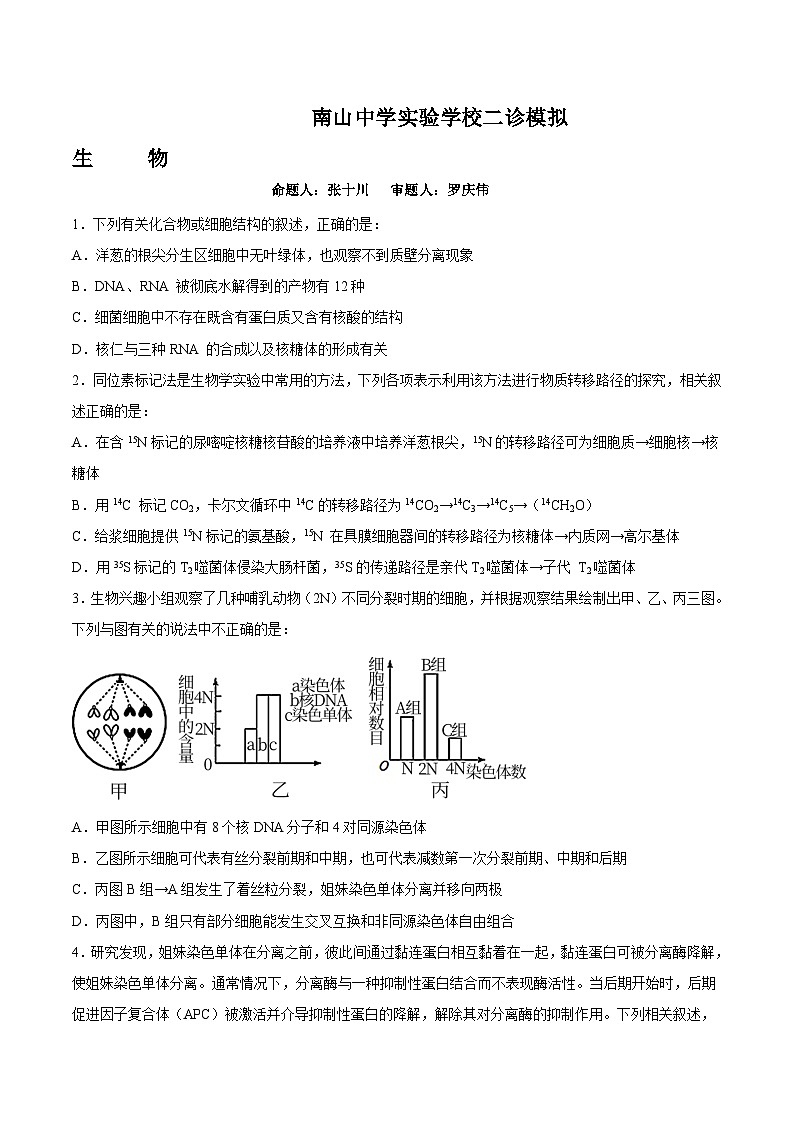 四川省绵阳南山中学实验学校2022-2023学年高三上学期二诊模拟生物试题01