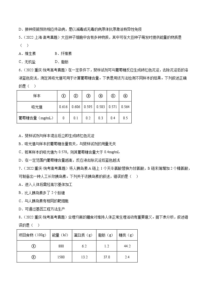 2019-2023年高考生物学分类汇编——专题1 组成细胞的分子  （原卷版）第2页