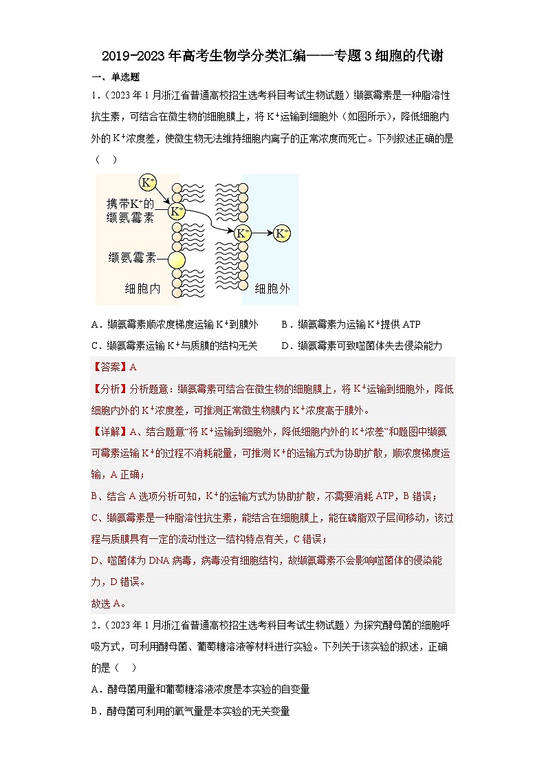 2019-2023年高考生物学分类汇编——专题3细胞的代谢01