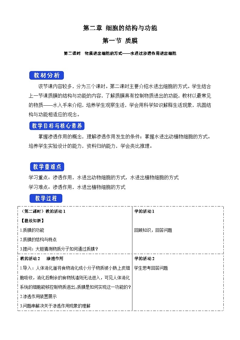 2.1.2 物质进出细胞的方式 教学设计（2）-北师大版高中生物必修1分子与细胞01