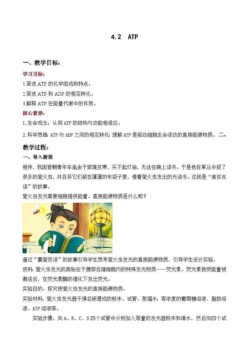 4.2 ATP（教学设计）-高一上学期生物同步精品课堂（北师大版2019必修1）01