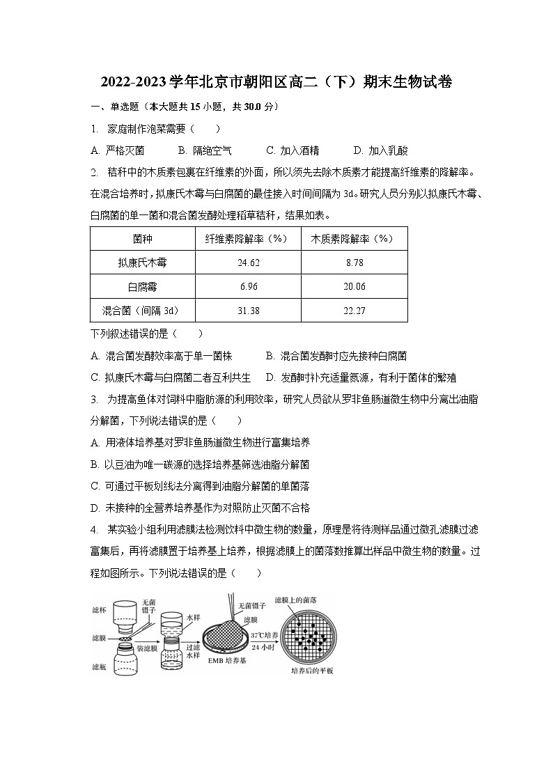 2022-2023学年北京市朝阳区高二（下）期末生物试卷（含解析）01