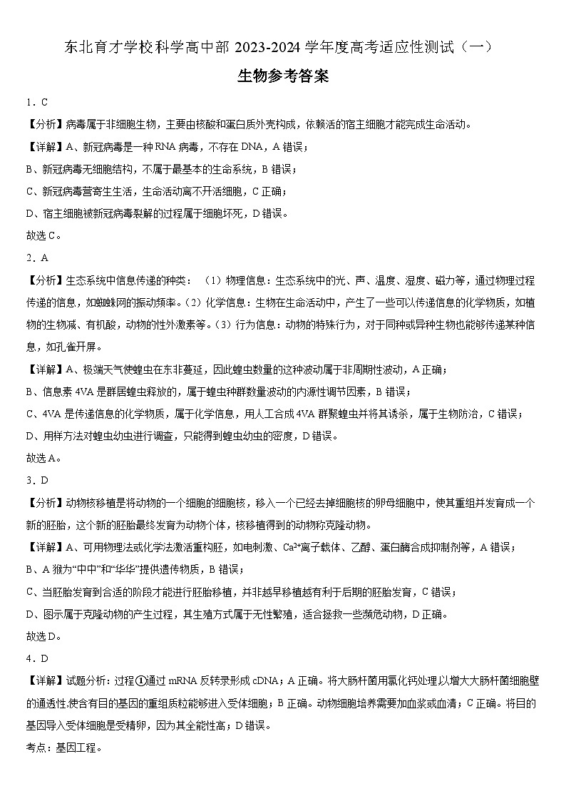 2024届辽宁省沈阳市浑南区东北育才学校高三下学期一模生物试题01