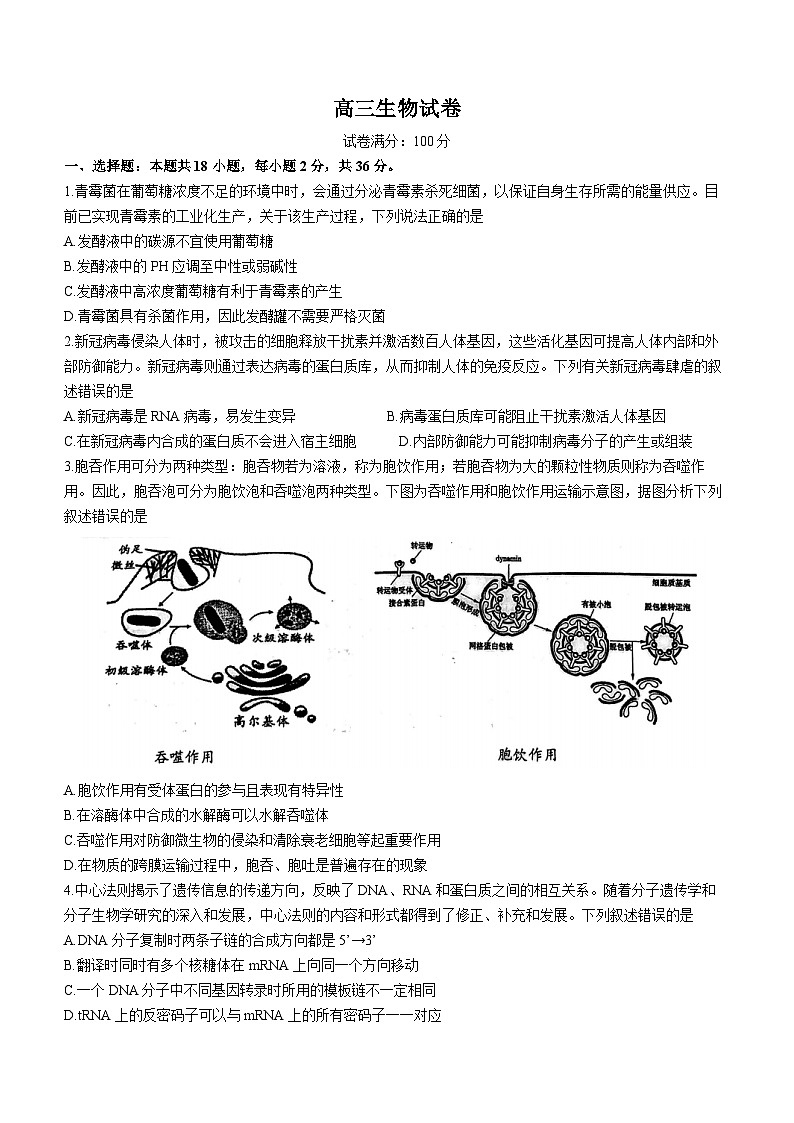 湖北省武汉市硚口区2023-2024学年高三生物上学期起点质量检测试卷（Word版附答案）第1页
