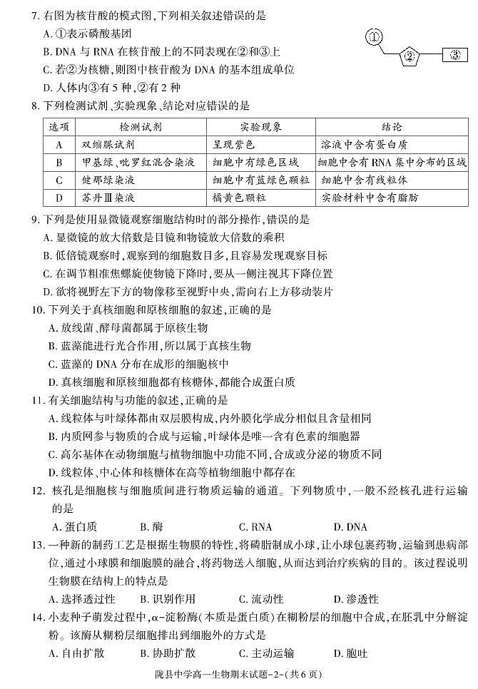 陕西省宝鸡市陇县中学2020-2021学年高一上学期期末考试生物试卷第2页