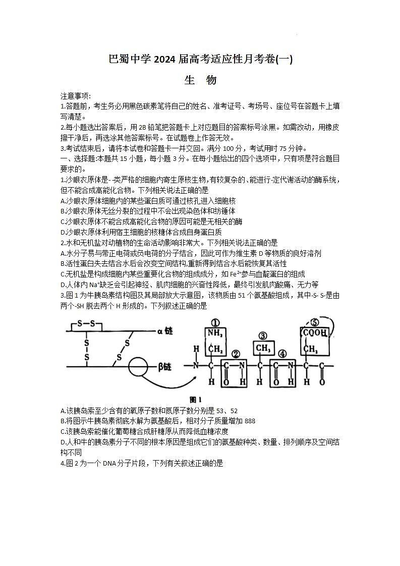 重庆市巴蜀中学2024届高考适应性月考卷（一）生物第1页