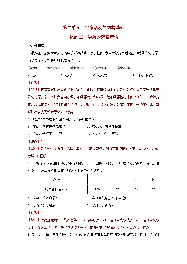暑期预习2023高中生物专题06物质的跨膜运输核心素养练习新人教版必修1第1页