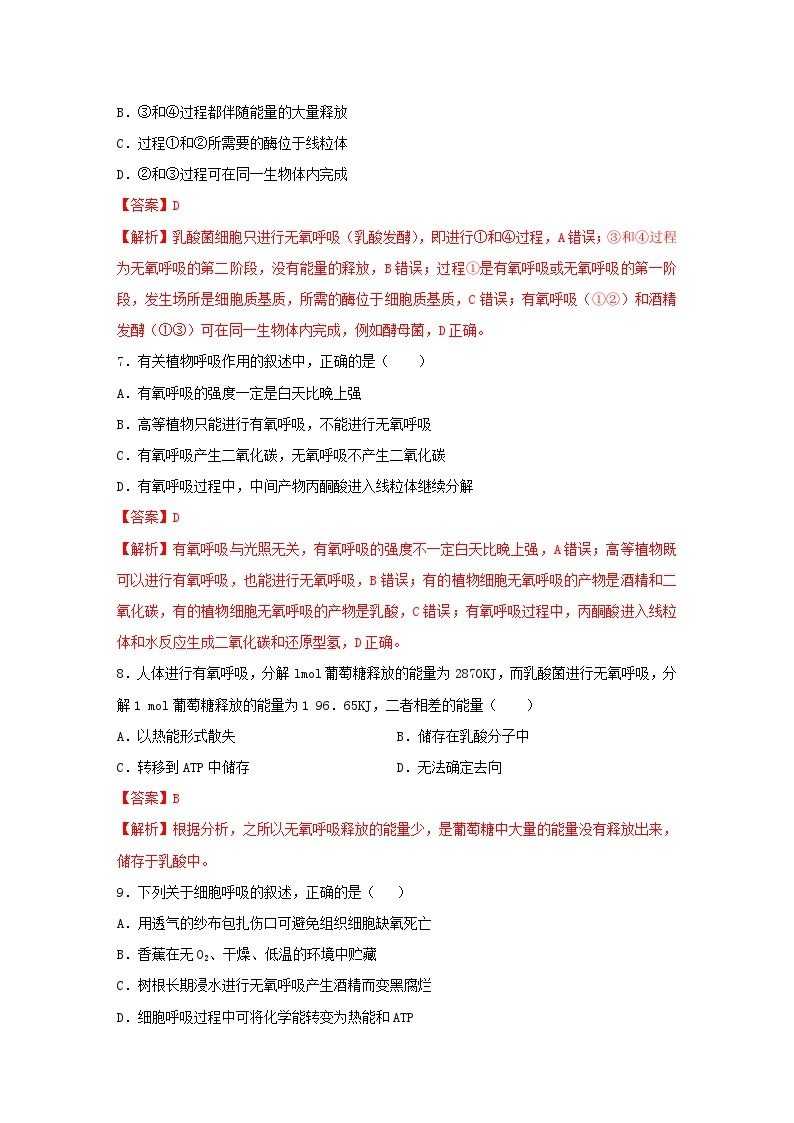 暑期预习2023高中生物专题08细胞呼吸的原理及其应用核心素养练习新人教版必修103