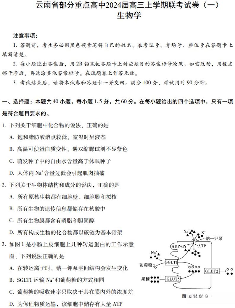 云南省部分重点高中2024届高三上学期联考生物试卷（一）（附答案）01