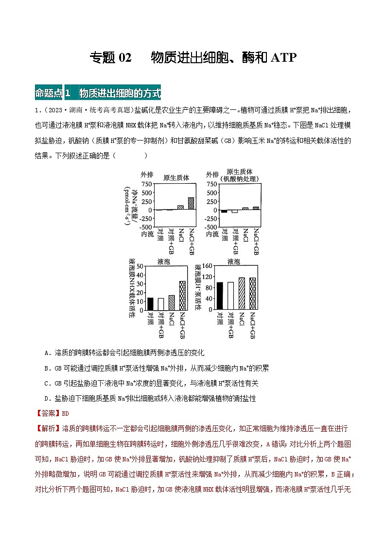 高考生物真题分项汇编 三年（2021-2023）（全国通用）专题02+物质进出细胞、酶和ATP01