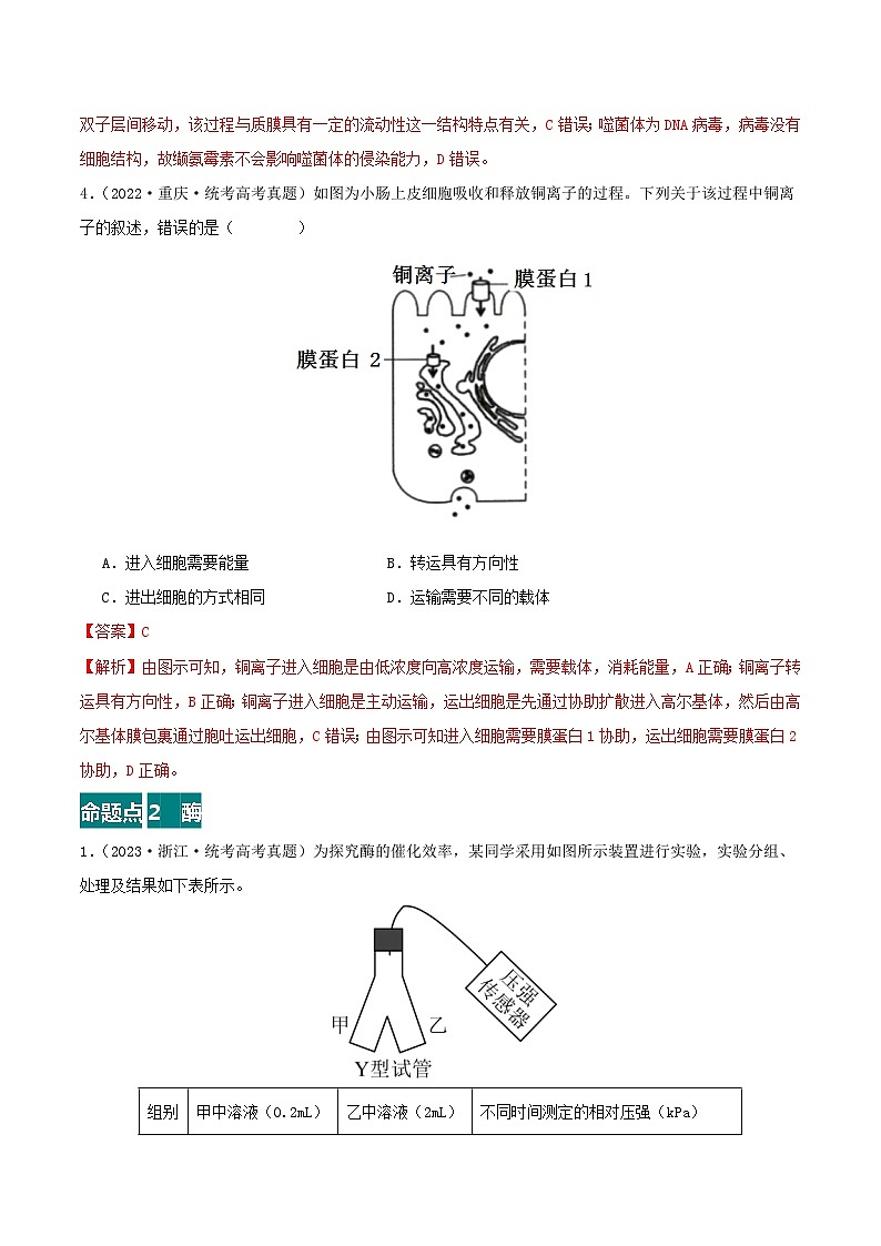 高考生物真题分项汇编 三年（2021-2023）（全国通用）专题02+物质进出细胞、酶和ATP03