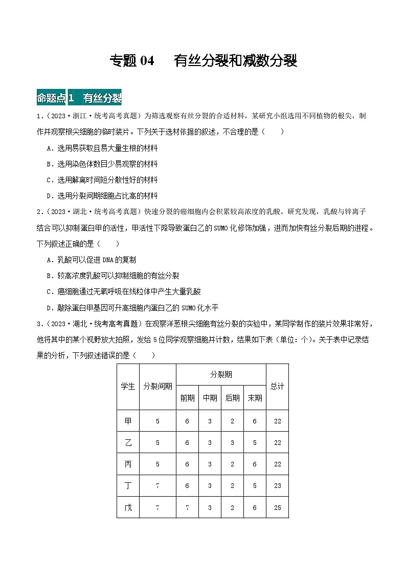 高考生物真题分项汇编 三年（2021-2023）（全国通用）专题04+有丝分裂和减数分裂01