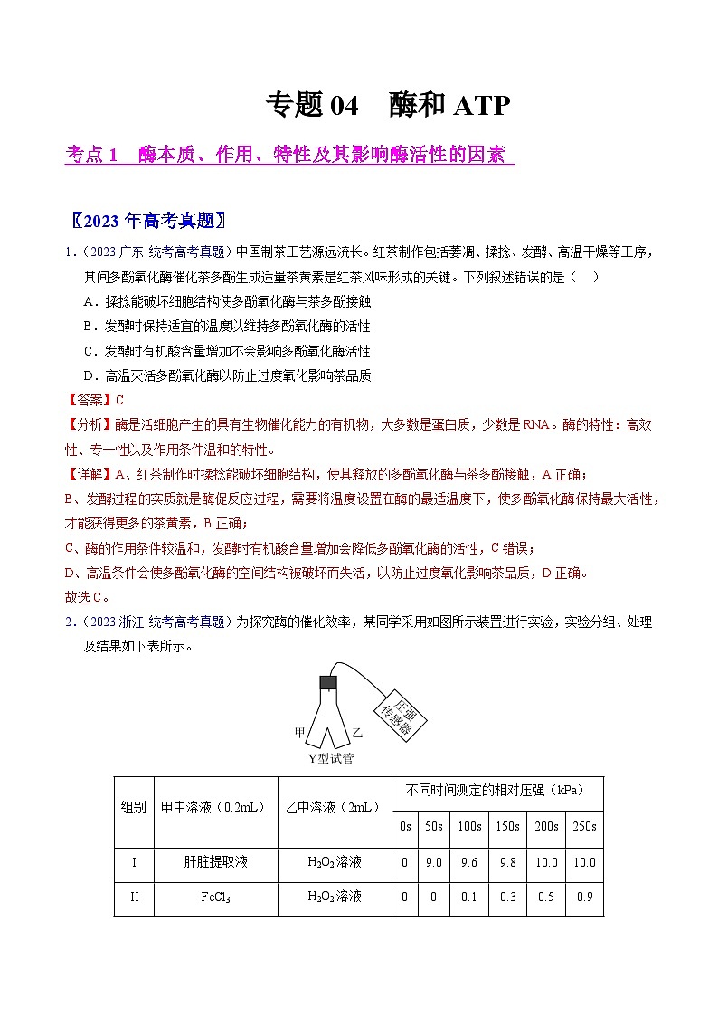 高考生物真题分项汇编（全国通用）五年（2019-2023）专题04 酶和ATP01