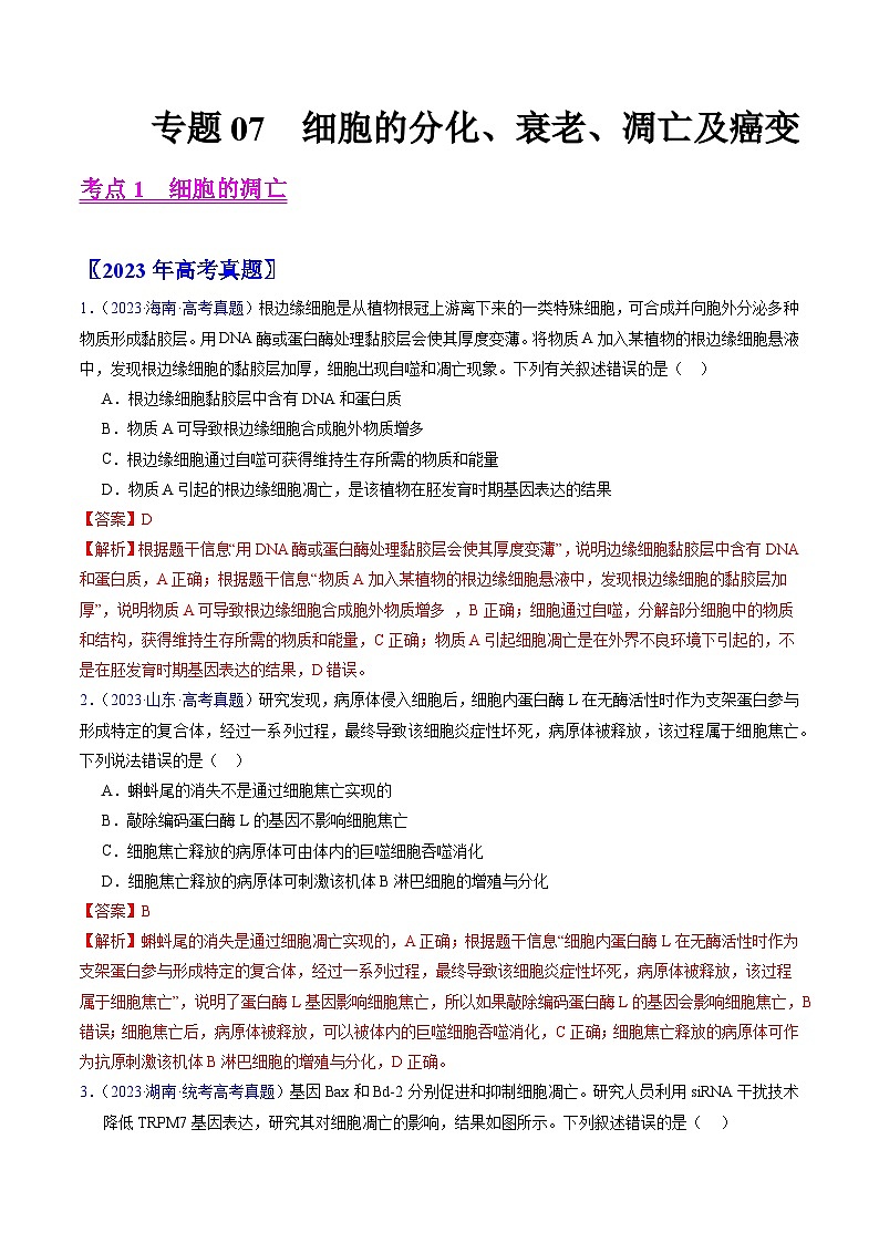 专题07 细胞得分化、衰老、凋亡及癌变-学易金卷：五年（2019-2023）高考生物真题分项汇编（全国通用）（解析版）第1页