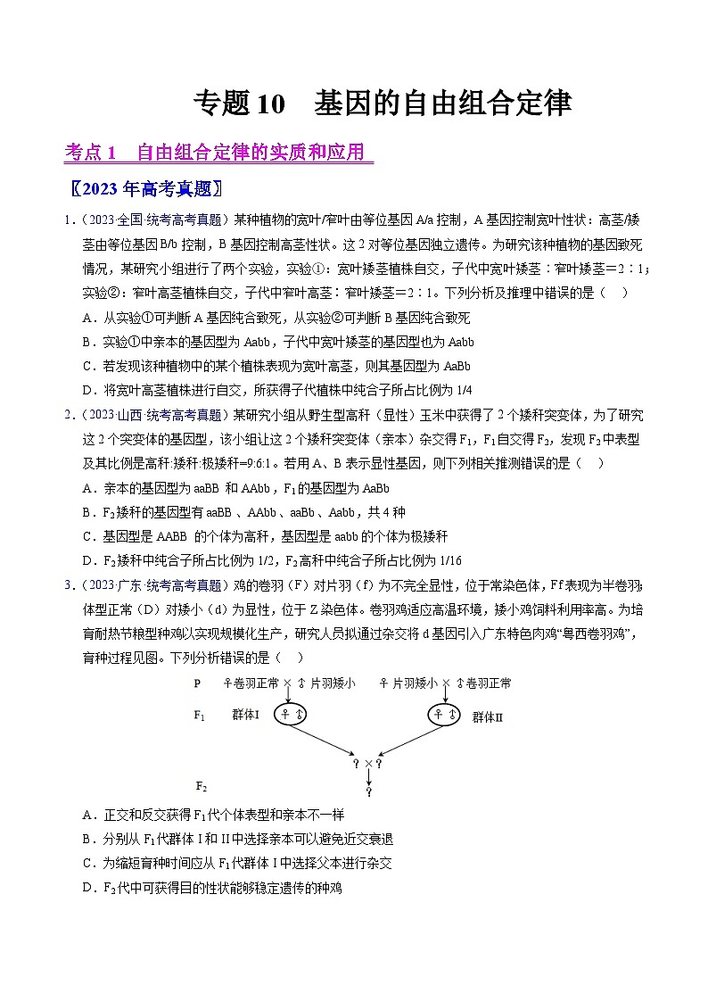 高考生物真题分项汇编（全国通用）五年（2019-2023）专题10 基因的自由组合定律01
